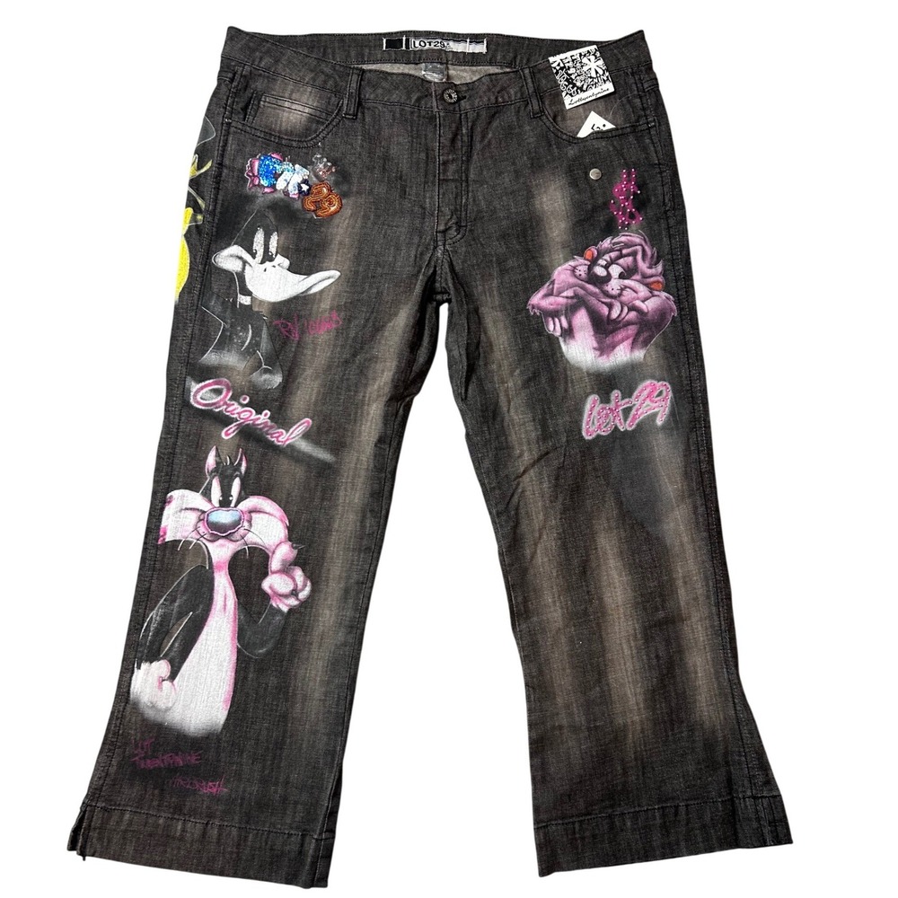 VTG Lot29 Looney Tunes Sylvester Daffy‎ Duck Taz Cropped Jeans Black 13x23.5 NWT